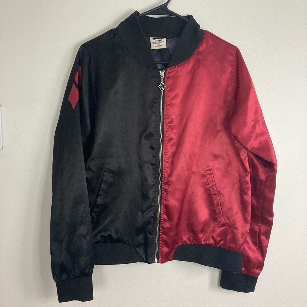 DC Harley Quinn Batman Red and Black Black Satin Like Jacket
